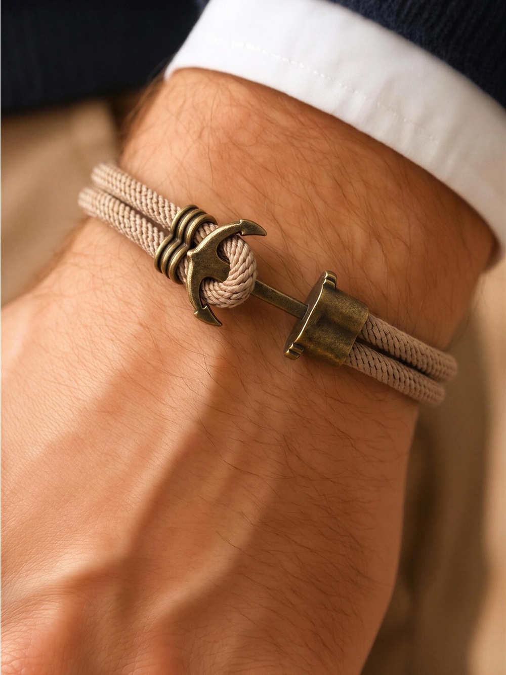 Men's Beige Rope Bracelet with Brass Anchor Clasp